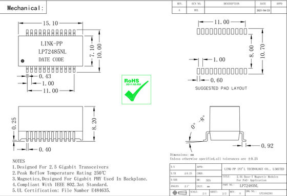 QT24A154P 2.5G Base-T PoE+ Moduły magnetyczne Lan LP72485NL