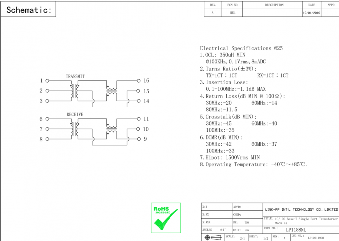 H1601CG Lan Magnetics LP1102NL Transformator 10 / 100Base-T Ethernet SMT